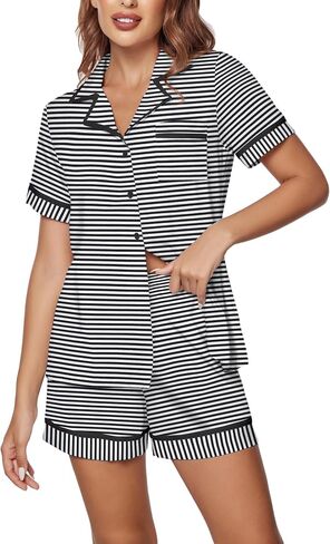 Ekouaer نساء Pajama مجموعة 2 قطعة زر قصيرة الأكمام أسفل القمم والسراويل pj مجموعة v الرقبة نوم ملابس الصدر in Saudi Arabia