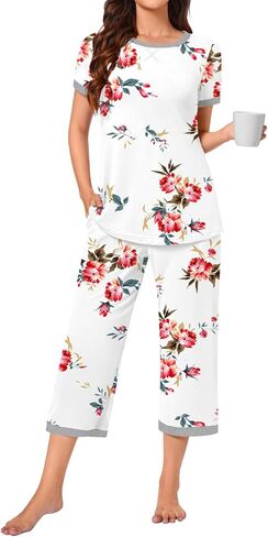 Bestbee Womens Pajama Set ، 2 قطعة صالة الزي Sleepwear مجموعة طاقم الرقبة تي شيرت كابري بانت مع جيوب سيدات PJS in Kuwait