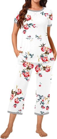 Bestbee Womens Pajama Set ، 2 قطعة صالة الزي Sleepwear مجموعة طاقم الرقبة تي شيرت كابري بانت مع جيوب سيدات PJS in Kuwait