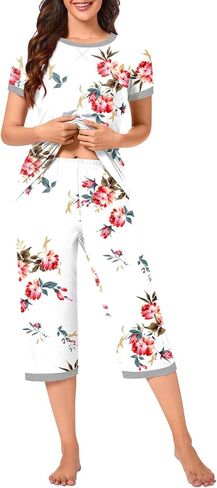 Bestbee Womens Pajama Set ، 2 قطعة صالة الزي Sleepwear مجموعة طاقم الرقبة تي شيرت كابري بانت مع جيوب سيدات PJS in Kuwait