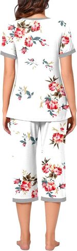 Bestbee Womens Pajama Set ، 2 قطعة صالة الزي Sleepwear مجموعة طاقم الرقبة تي شيرت كابري بانت مع جيوب سيدات PJS in Kuwait