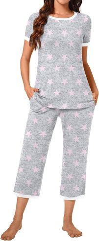 Bestbee Womens Pajama Set ، 2 قطعة صالة الزي Sleepwear مجموعة طاقم الرقبة تي شيرت كابري بانت مع جيوب سيدات PJS in Kuwait