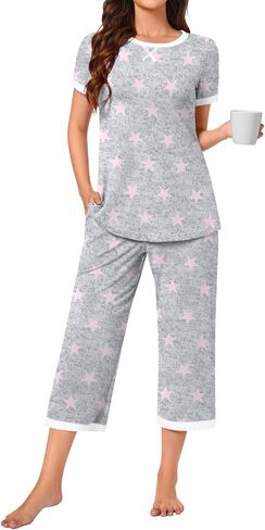 Bestbee Womens Pajama Set ، 2 قطعة صالة الزي Sleepwear مجموعة طاقم الرقبة تي شيرت كابري بانت مع جيوب سيدات PJS in Kuwait