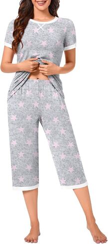 Bestbee Womens Pajama Set ، 2 قطعة صالة الزي Sleepwear مجموعة طاقم الرقبة تي شيرت كابري بانت مع جيوب سيدات PJS in Kuwait