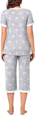 Bestbee Womens Pajama Set ، 2 قطعة صالة الزي Sleepwear مجموعة طاقم الرقبة تي شيرت كابري بانت مع جيوب سيدات PJS in Kuwait