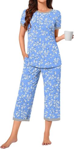 Bestbee Womens Pajama Set ، 2 قطعة صالة الزي Sleepwear مجموعة طاقم الرقبة تي شيرت كابري بانت مع جيوب سيدات PJS in Kuwait