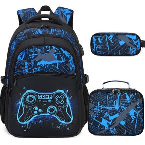 Boys Backpack for School, 3PCS Cool Luminous Gamer Backpack for Boys with Lunch Box Pencil Case, Kids Backpacks Bookbag for Teen Boy Elementary Middle High School with USB Charging Port