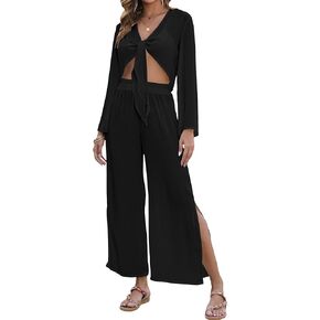 Bsubseach Women's Summer 2 Piece Swimsuit Cover up 2025 Tie Front Crop Tops Wide Leg Pant Sets Bathing Suit Beach Outfit