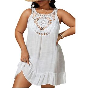 Women's Plus Size Hollow Out Beach Cover Up Dress Sleeveless Ruffle Hem Swimsuit Coverup Dress