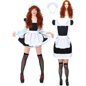 Maid Costume Set Includes Retro Frilly Aprons Curly Wig Mesh Socks Lace Headbands for Halloween Costume