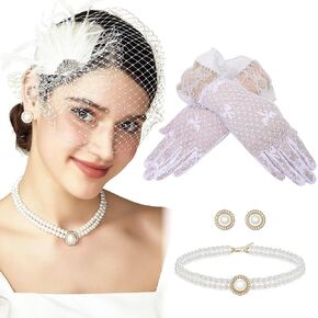 BABEYOND Fascinators Hat for Women - 4Pcs Tea Party Hair Clip and Gloves Veil Feather Jewelry Set for Bridal Wedding