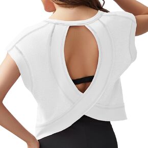 Ammiko 2025 Open Back Workout Tops for Women Backless T Shirts Criss Cross Crop Tee Round Neck Yoga Gym Running Tees
