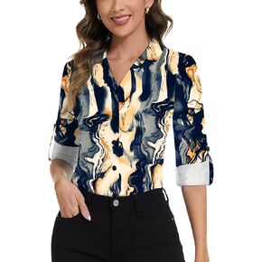 Soneven Womens 3/4 Roll Sleeve Golf Polo Shirts V Neck Long Sleeve Button Up Shirts Business Casual Tops Work Blouses