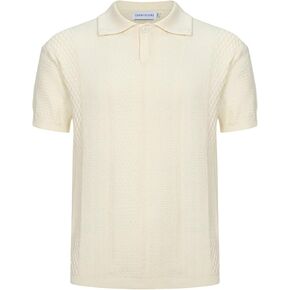 OXKNIT Men’s White Knitted Polo Shirt Short Sleeve Textured Vintage Polo Shirt with Collar for 60s&70s