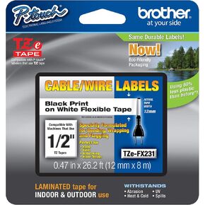 Brother Genuine P-Touch, TZe-231 2 Pack Tape (TZE2312PK) ½"(0.47") x 26.2 ft. (8m) 2-Pack Laminated P-Touch Tape, Black on White, Perfect for Indoor or Outdoor Use, Water Resistant, TZE2312PK, TZE231