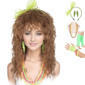 Miss U Hair Women 80s Costume Wig with Accessories Set Long Curly Brown Punk Wig Party Halloween