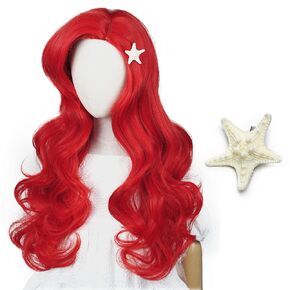 Aicos Mermaid Cosplay Wigs for Kids Long Red Curly Wig with Starfish Hair Clips for Halloween Costume Party in Kuwait