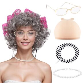 Fumwase Old Lady Costume Set Granny Wig with Hair Rollers Wig Cap Grandma Glasses Eyeglass Chain Pearl Necklace Grandma Granny Costume Wig Curly Accessories for Adults Halloween Costume (Gray)