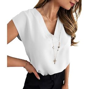 Women V Neck Tops Cap Sleeve Chiffon Blouses Summer Business Work Shirts