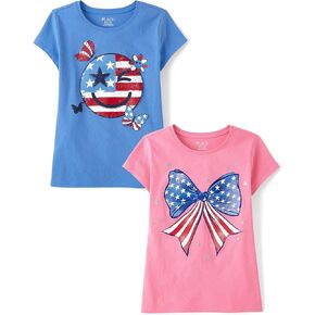 The Children's Place,Girls,All Holidays Short Sleeve Graphic T-Shirts,Multipacks,American Bow/Happy Face 2-Pack,X-Large
