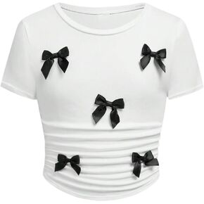 SweatyRocks Girl's Bowknot Short Sleeve T Shirts Crew Neck Ruched Y2K Fitted Summer Tops