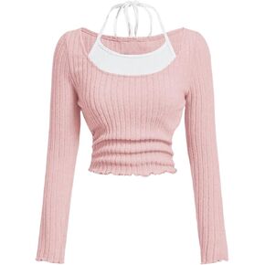 SOLY HUX Girl's Cute Long Sleeve Crop Tops Preppy T Shirts Casual Halter Tops Cute Clothes for Girls Size 8-12
