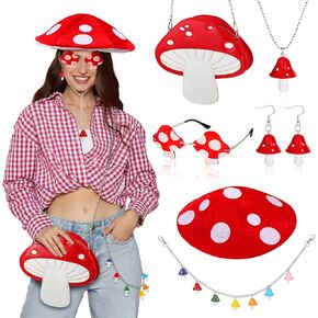 6 Pcs Halloween Mushroom Costume Outfits for Women Mushroom Hat Earrings Necklace Glasses Vintage Waist Chain Shoulder Purses Accessories Set