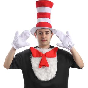 Cat in the Hat Costume Red Striped Hat White Gloves White Furry Cloth Red Bow Halloween Party Cosplay Costume Accessories