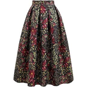 CHICWISH Women Daisy Field Pleated Midi Skirt Printed A-Line Casual High Waist Swing Flared Vintage Skirts with Pockets