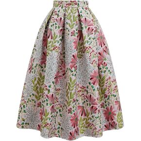 CHICWISH Women Daisy Field Pleated Midi Skirt Printed A-Line Casual High Waist Swing Flared Vintage Skirts with Pockets in Kuwait