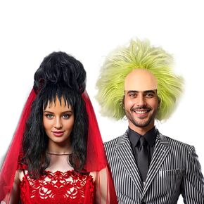Green Wig, Black Wavy Wig with Pre-styled Bangs, Red Rhinestone Gloves