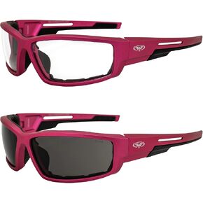 Global Vision Sly Padded Motorcycle Glasses for Women Sunglasses 2 Pair Pink Metallic Frames w/Smoke & Clear Lenses