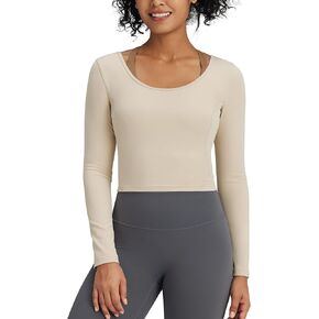 G4Free Barefeel Slim Fitted Womens Long Sleeve Crop Workout Tops Low Back Athletic Yoga Exercise Shirts Scoop Neck Base Layer