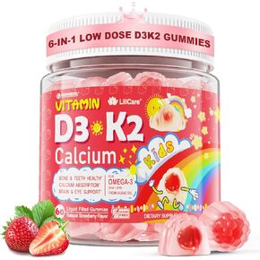 Kids Vitamin D3 K2 + Calcium Gummies (Made in USA) for Adults, 1000IU/2000IU D3 + K2(MK-7) with Magnesium & Algal Omega 3(EPA/DHA) for Bones Teeth Muscles Brain, Low-dose Vitamins, Sugar-Free,60 Chews