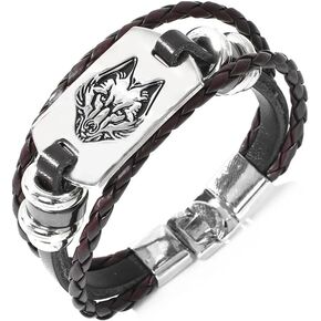 925 Sterling Silver Wolf Bracelet Viking Wolf Head Braided Leather Bracelet Therian Bracelet Werewolf Charms Wolf Head Jewelry Bracelet Wolf Head Jewelry For Women and Men Wolfbracelet