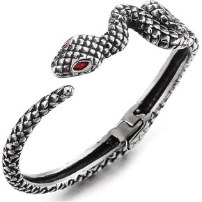 COOLSTEELANDBEYOND Stainless Steel Snake Cuff Bracelet for Men Women, Serpent Design with Red Eyes, Bangle Retro Style
