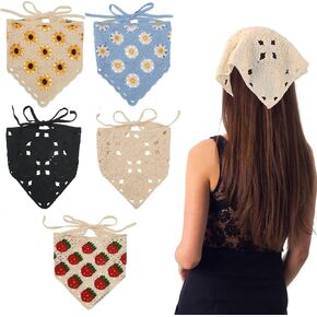 5 Pcs Beautiful Crochet Bandanas, Hair Bandanas for Women, Knitted Headscarf Vintage Kerchief for Women Kerchief Styling Decor