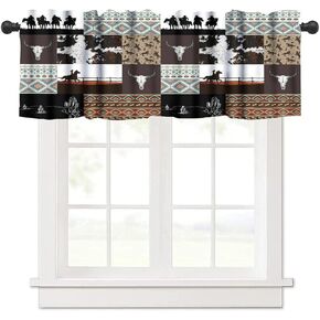 Western Valance Curtains Aztec Vintage Rustic Farmhouse Western Cowboy Cactus Bull Skull Art Printed Rod Pocket Curtain Valance for Kitchen Bedroom Living Room Decor 1 Panel W54xL18 Inch