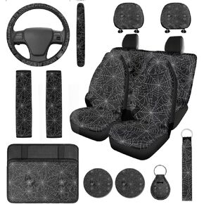 14 Pcs Spider Web Car Seat Covers Full Set Black and White Auto Steering Wheel Cover Armrest Cushion Head Rest Protector Seat Belt Covers with Keychain,Unverisal Fit Cars SUV Turcks