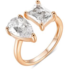 MDFUN 18K Adjustable Eternity Toi Et Moi Ring for Women Radiant-Cut and Pear-Shaped Cubic Zirconia Stones Fake Wedding Ring Statement Eternity Promise Engagement Wedding Rings
