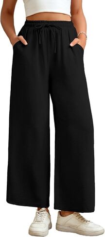 Women Wide Leg Pants Casual Drawstring Elastic High Waist Flowy Beach Palazzo Work Formal Pants with Pockets in Saudi Arabia