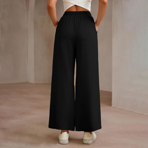 Women Wide Leg Pants Casual Drawstring Elastic High Waist Flowy Beach Palazzo Work Formal Pants with Pockets in Saudi Arabia