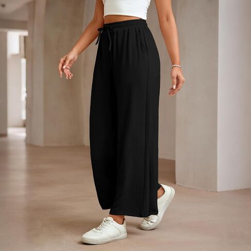 Women Wide Leg Pants Casual Drawstring Elastic High Waist Flowy Beach Palazzo Work Formal Pants with Pockets in Saudi Arabia