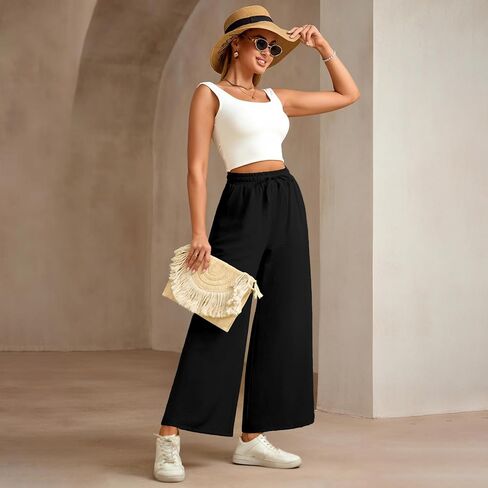 Women Wide Leg Pants Casual Drawstring Elastic High Waist Flowy Beach Palazzo Work Formal Pants with Pockets in Saudi Arabia