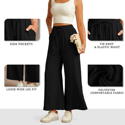Women Wide Leg Pants Casual Drawstring Elastic High Waist Flowy Beach Palazzo Work Formal Pants with Pockets in Saudi Arabia