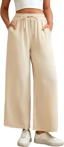 Women Wide Leg Pants Casual Drawstring Elastic High Waist Flowy Beach Palazzo Work Formal Pants with Pockets in Saudi Arabia