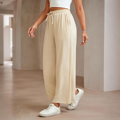 Women Wide Leg Pants Casual Drawstring Elastic High Waist Flowy Beach Palazzo Work Formal Pants with Pockets in Saudi Arabia