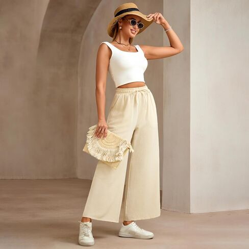 Women Wide Leg Pants Casual Drawstring Elastic High Waist Flowy Beach Palazzo Work Formal Pants with Pockets in Saudi Arabia