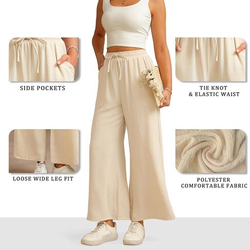 Women Wide Leg Pants Casual Drawstring Elastic High Waist Flowy Beach Palazzo Work Formal Pants with Pockets in Saudi Arabia