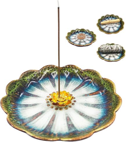 Incense Holder for Sticks,Lotus Flower Incense Burner Holder,Ceramic Sage Coil Holder,Palo Santo Holder,Ash Catcher Tray for Meditation Yoga Room Decor Blue in Saudi Arabia